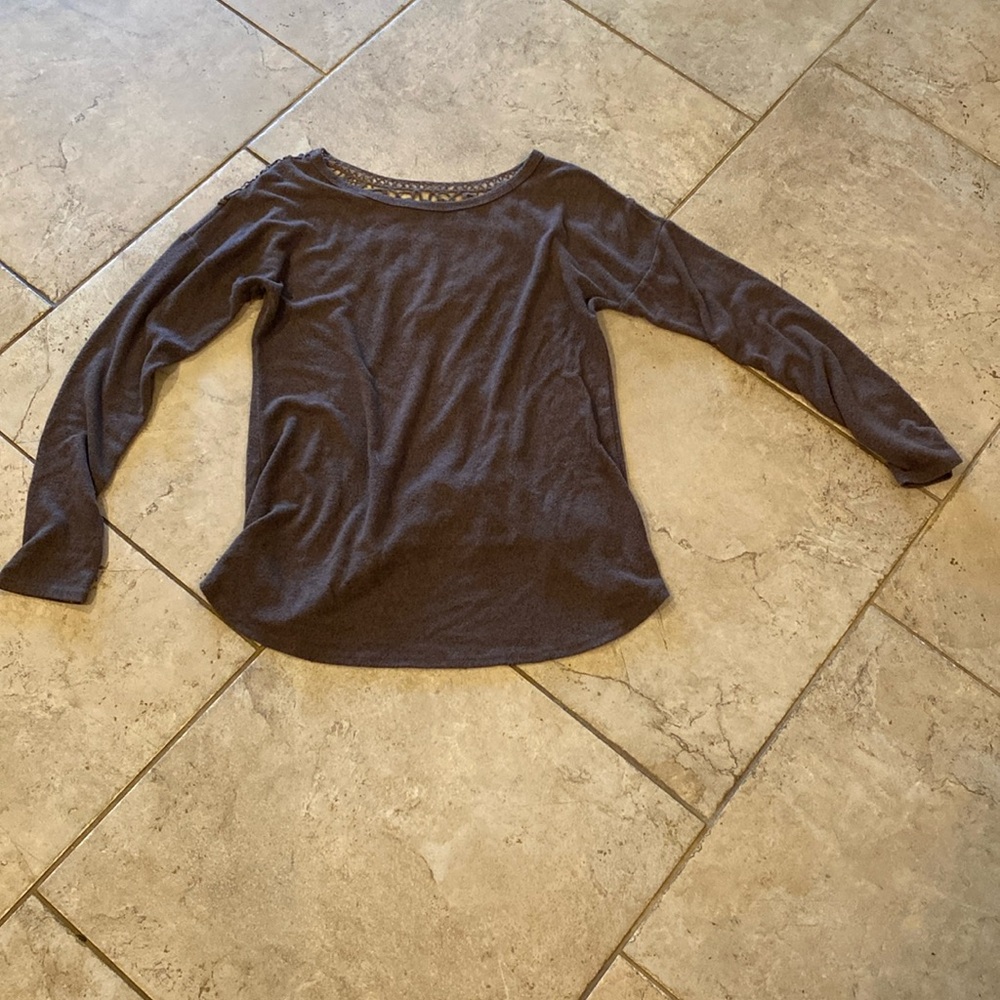 Soft, light brown, long sweater with lace cutouts. Jella Couture. Size Small